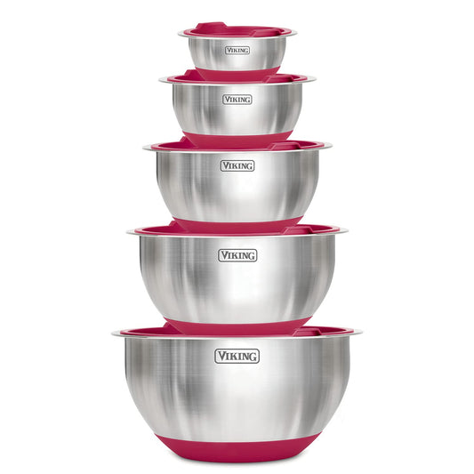 Viking Culinary Stainless Steel Mixing Bowl Set 10 piece Non-slip Silicone Base Includes Airtight Lids Dishwasher Safe Red